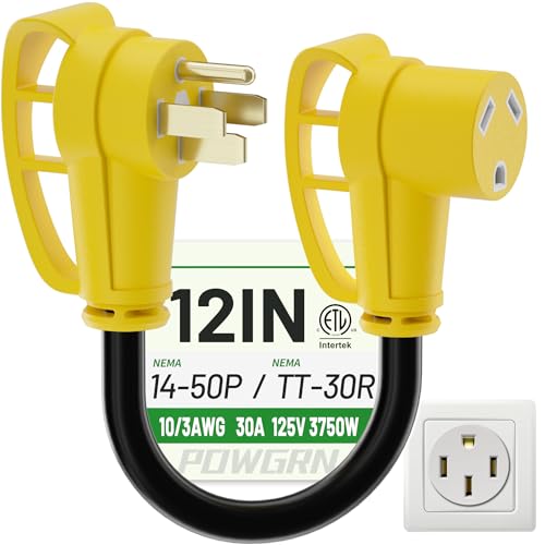 POWGRN 50 Amp to 30 Amp RV Adapter 12 inch Heavy Duty Extension Cord 10/3 Gauge RV Electrical Adapter NEMA 14-50P Male to NEMA TT-30R Female STW 30AWG 30A 125V 3750W Black-Yellow ETL Listed