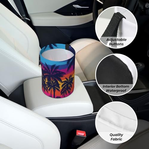 Image of Car Garbage Bag Blue Palm Trees at Sunset Mini Car Trash Bin Portable Collapsible Waterproof Rubbish Bag for Car Accessories Back Front Seat Cup Holder