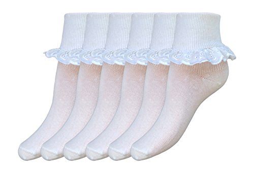 6 pairs of Girls Cotton Pretty white lace trim ankle socks