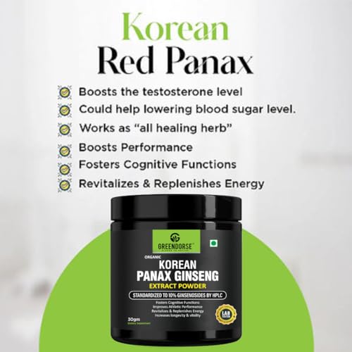 Image of GREENDORSE Organic Korean Panax Ginseng Extract Powder |10% active Ginsenosides by HPLC | Lab tested| Immune & Cognitive support, Boosts Energy, Stamina, Vegan Friendly-30g