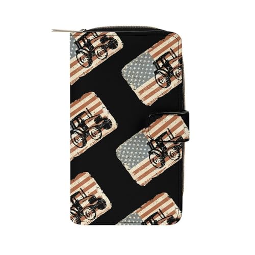Vintage Patriotic Tractor U.S.A. Flag Long Wallet for Women Men Purses Coin Pouch Credit Card Holder Organizer