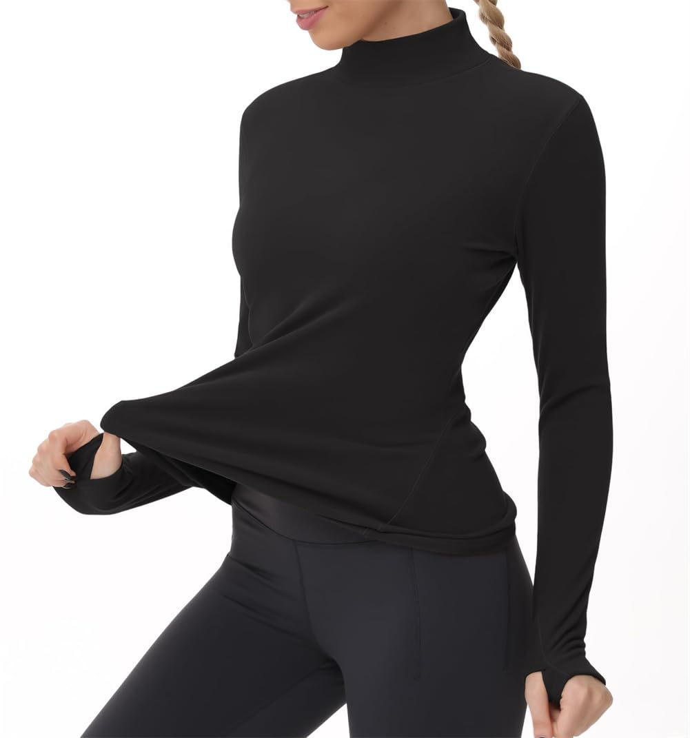 Camicie termiche da donna a maniche lunghe con collo alto, in pile, a maniche lunghe, girocollo