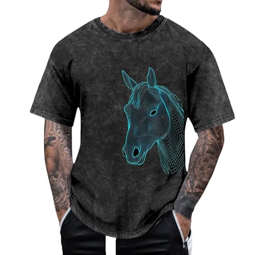 Camiseta unisex de aspecto lavado ácido con cabeza de caballo 3D - Camiseta vintage de gran tamaño con gráfico Wireframe | Camiseta informal de estilo futurista, Style_a01 gris, L