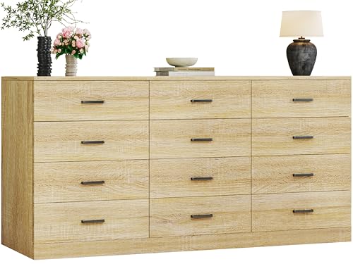 Image of 60 Inch 12 Drawer Dresser for Bedroom, Long Mid Century Modern Dressers, Wood Vintage Chests of Drawers TV Stand up to 65 inch, Large Storage Organizer for Bedroom, Closet, Entryway, Natural
