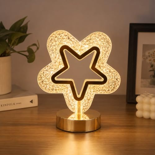Image of Crystal Star LED Table Lamp - Aesthetic Warm White Night Light, Decorative Bedside Lamp with Golden Metal Base for Bedroom, Living Room, Home Decor & Gifting