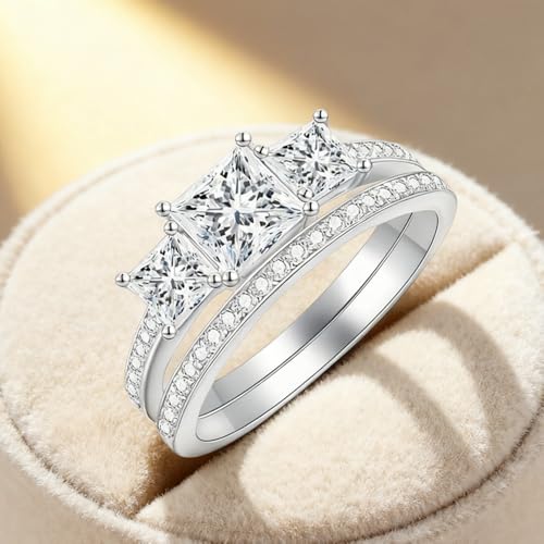 Princess Cut Wedding Ring Set for Women White Gold 3 Stone Moissanite Bridal Ring Set Engagement Ring Set 10K 14K 18K Gold Anniversary Promise Rings for Her with Text Engraving3