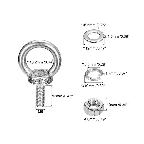 Image of uxcell Lifting Eye Bolt, 2 Sets M6x12mm Eye Bolt with Nut Washer 304 Stainless Steel Shoulder Lifting Ring Eye Bolt for Hanging Item