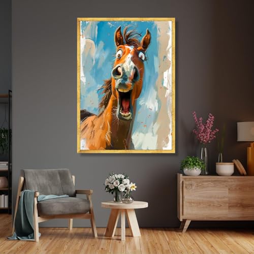 Tableau cheval surpris humoristique : toile animale abstraite 60x90cm