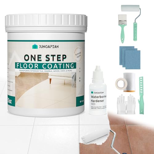 Jungarian All-In-One Interior Floor Coating Kit, Water-based & Low Odor One-Step Floor Paint, High Hardness Waterproof Paint for Ceramic, Porcelain, Fiberglass, Hardwood, Laminate, Vinyl, 35OZ, White