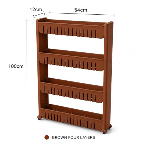 Image of JD FRESH 4-Tier Slim Rolling Storage Organizer Rack /Fridge Side Storage Rack /Plastic Trolley Storage Stand with Wheels /Floor Standing Cabinet for Bathroom and Kitchen Corner Area (Brown)