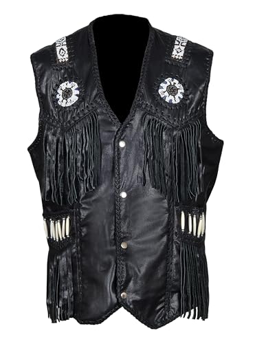 Image of Men's Western Cowhide Suede & Leather Vest - Beaded Fringe Yoke & Back Native-Inspired Cowboy Biker Vest