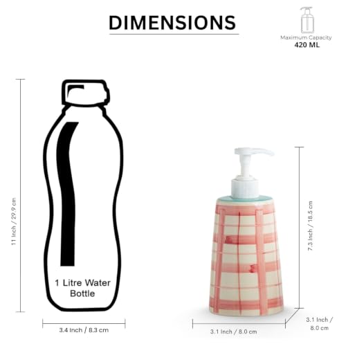 Image of ExclusiveLane 'Gulabi Courtyard' Hand-Painted Ceramic Bathroom Accessories Set of 2 (Liquid Soap Dispenser for Wash Basin, Paste & Toothbrush Holder) |Handwash Dispenser |Bathroom Organiser Set