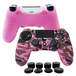 Hikfly Silicone Gel Controller Cover Skin Protector Compatible for Sony Playstation 4 PS4/PS4 Slim/PS4 Pro Controller (1 x Controller Cover with 8 x FPS Pro Thumb Grip Caps)(Pink)
