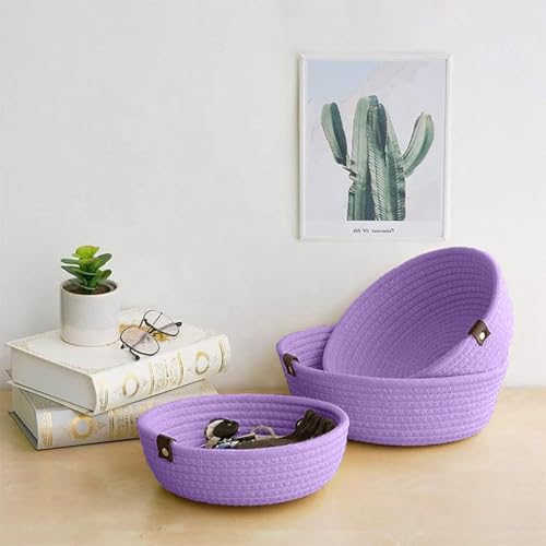 Image of Handmade Jute Cotton Storage Baskets Set of 3 for Dining Table, Fruit Basket & Roti Bowl, Cane Style Organizer for Kitchen, Home Decor, Washable Multipurpose (Purple)