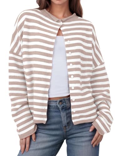 Image of UNCLECAT Womens Striped Cardigan Long Sleeve Button Down Knit Tops | 2026 Fall Winter Trendy,Casual,Cute Lightweight Sweaters,Cozy Soft,Open Front Top,loose fit