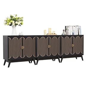 Small Sideboard Buffet Cabinet with Storage, Mid Century Modern Storage Cabinet with Fluted Line 6 Doors, Wooden Accent Cabinets for Living Room, Kitchen, Entryway (3PC, Black)