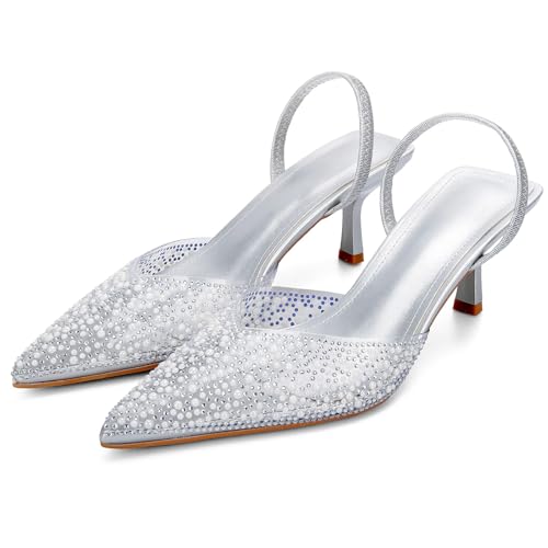 Image of YIYA Women's Clear Slingback Heels with Pearl Studded Pointed Toe Kitten Mid Heels Sparkly Rhinestone Slip On Wedding Party Shoes