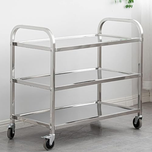 3-Tier Stainless Steel Utility Cart, Kitchen Trolley Cart, Rolling Serving Carts 330lbs Capacity Catering Shelf with Locking Wheels for Kitchen, Restaurant, Hotels, Home, Café, 95x50x95cm