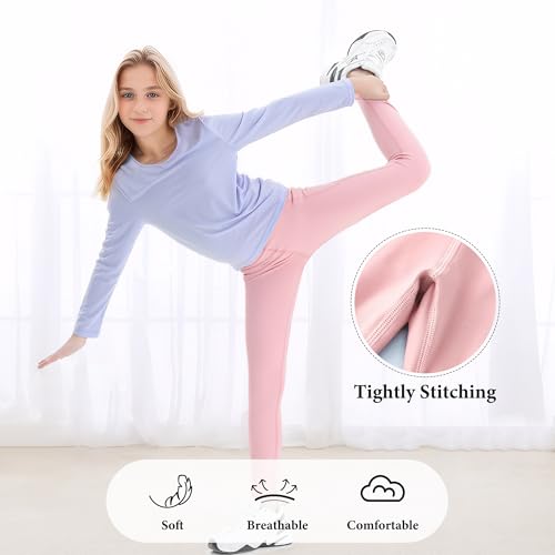 JinBei Sporthose Mädchen Leggings mit 2 Taschen Sportleggings Hohe Taille Elastisch Sportkleidung Kinder Atmungsaktive Lang Gymnastikhose Jogging Training Hose für 7-8 Jahre, GR.122-128, Rosa