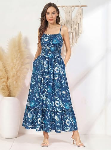 Image of GRACE KARIN Summer Dresses for Women 2026 Vacation,Smocked Floral Maxi Dress,Boho Beach Sundress with Pocket Fashion Clothing