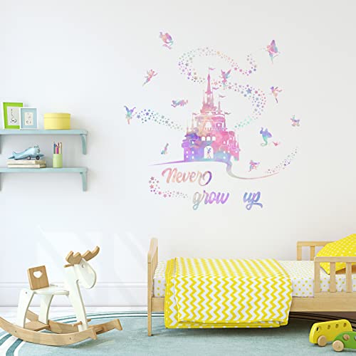 PLIGREAT Château coloré autocollant mural pour fille chambre salon salle de jeux château peintures murales autocollant Never Grow Up citations chambre...