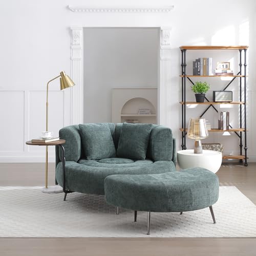 KEIKI Oversize Barrel Chairs with Ottoman, Chaise Lounge Indoor with Pillow, Round Reading Sofa Round Chair for Living Room, Bedroom, Green