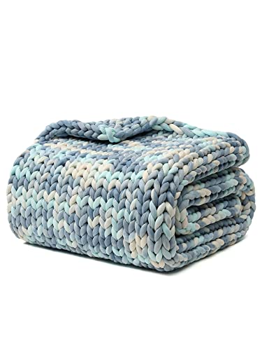 YnM Weighted Blanket, Handmade Chunky Knitted Design, Soft and Cozy, Temperature Regulating and Breathable, Machine Washable Throw for Sleep or Home Decor (Light Blue Tie-Dyed, 60x80 Inch, 15lbs)