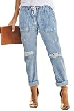 Sidefeel Women's Jeans Pull On Drawstring High Waisted Ripped Jeans Cargo Joggers Elastic Waist Denim Pants Sky Blue Size 6