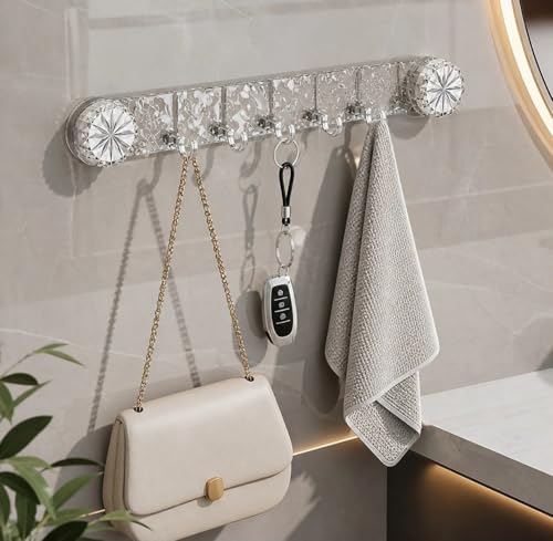 Image of GLACIAL Self-Adhesive Transparent Wall Hook Rack with 6 Hooks | No-Drill Acrylic Wall Mounted Organizer for Keys, Towels, Handbags, Scarves, Kitchen Accessories & Bathroom Essentials