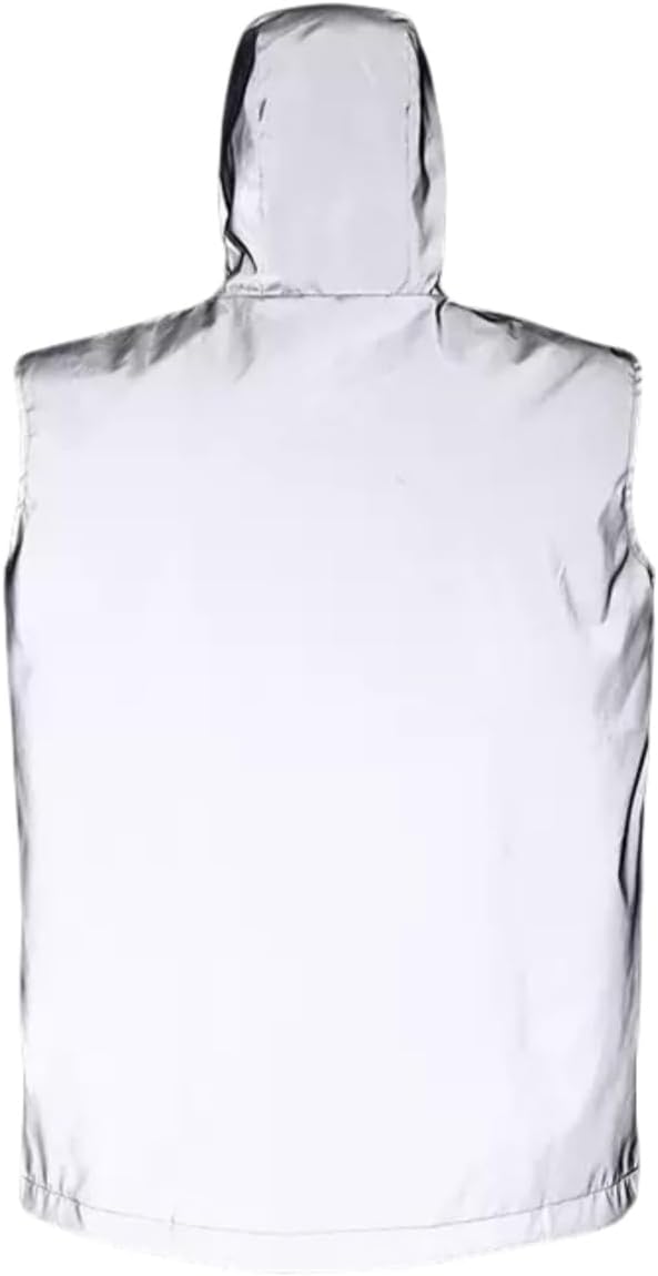 Men Reflective Vest Jacket Casual Windbreaker Night Runing Coat Hooded Fluorescent Coat (US, Alpha, Large, Regular, Regular, Grey) - Image 2
