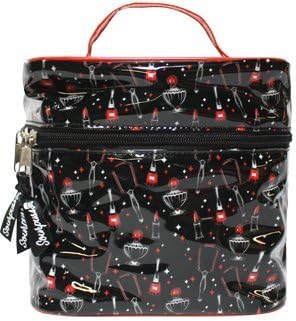 Black"Vintage Beauty" with Lipstick, Nail Polish, Perfume, and Mirror Pattern with Red Handle Train Case from Sourpuss Clothing
