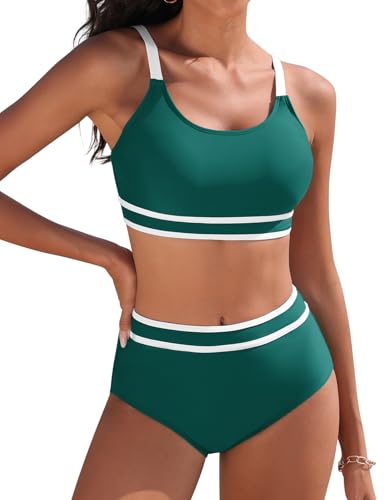 Yuson Girl Traje de Baño Mujer Conjunto de Bikini Push Up Patchwork de Rayas Bikinis Deportivo Cintura Alta Bikini Control de Vientre Bañador Reductor Bikinis Dos Piezas(Verde Oscuro, XL)