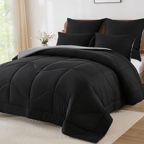 WONGS BEDDING Bettdecke 155x220-100prozent Bauwolle Bettdecke Ganzjahresdecke 300 GSM Wende Steppdecke155x220 Leicht zu pflegen und Atmungsaktiv Schlafdecke mit 2 Kissenbezug 80x80 cm, SchwarzundGrau