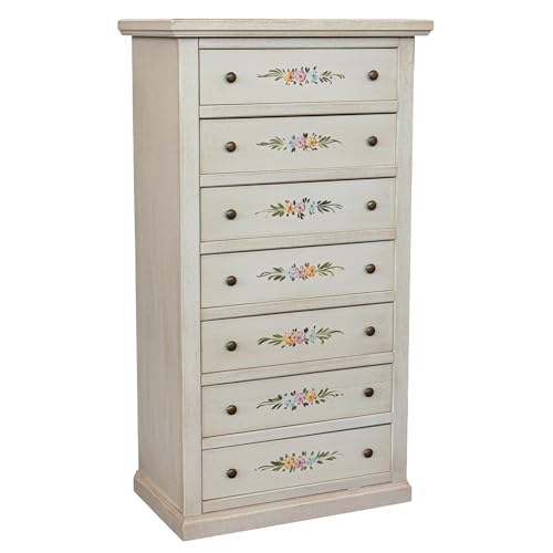 Vicentini arreda CASSETTIERA SETTIMINO IN LEGNO SHABBY CHIC 7 CASSETTI LACCATO BIANCO ANTICATO DECORATO FIORI