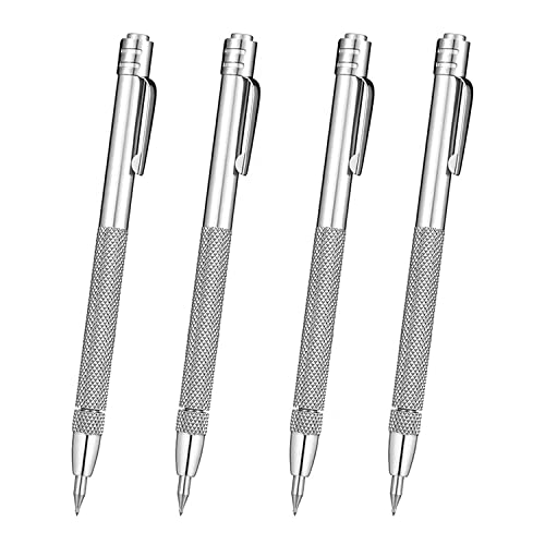 KEWAYO Penne Scriber Professionali (4 Pezzi), Punta in Carburo di Tungsteno, per Incisione Precisa su Acciaio Inox, Vetro, Ceramica, con Clip e Magnete (Argento)