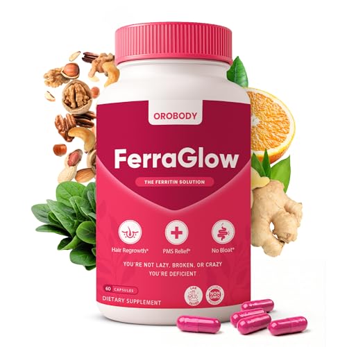 OroBody FerraGlow Gentle Iron Supplement for Women 25mg Iron Bisglycinate + Lactoferrin & Vitamin C Supports Energy Hair & Iron Levels Easy on Stomach 60 Capsules
