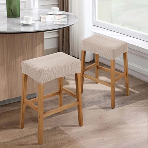 Image of YISUN Stool Covers Rectangle - 2 Pack Stretch Waterproof Saddle Seat Cover Counter Bar Stools Bar Chairs Covers Kitchen Island Chairs Cushion Protector (2, Khaki)