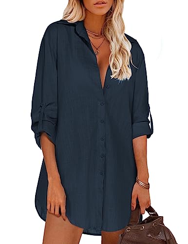 Image of HOTOUCH Women Boyfriend Shirts Button Down Long Sleeve Blouse Cuffed Sleeve Collared Shirt