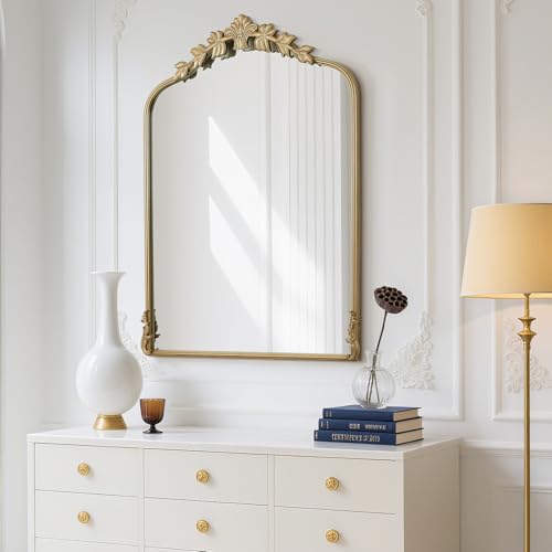 Image of WallBeyond Gold Antique Mirror for Vanity 28x36 Inch, Gold Vintage Mirror with Ornate Frame, Arched Vintage Wall for Bathroom, Living Room, Fireplace