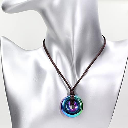 Keleny Coated Multicolor Hematite Gemstones 30Mm Circle Coin Peace Donut Pendant Adjustable Braided Brown Rope Necklaces #TOP3