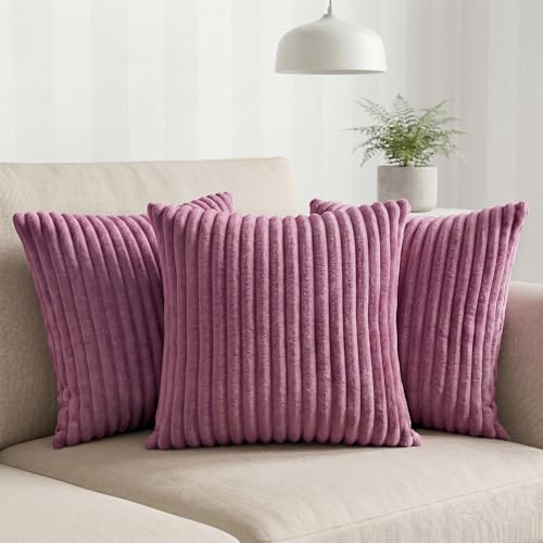 Image of Yellow Weaves Pencil-Stripe Fur Cushion Covers | Soft Polyester | Decorative Sofa & Throw Pillow Covers | 16x16 Inches, Pack of 3 (Purple)