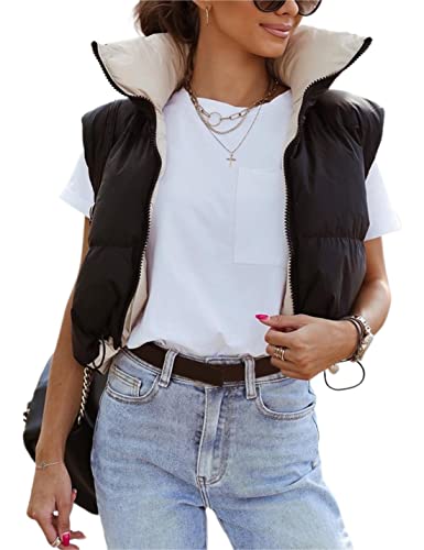 UANEO Cropped Puffer Vest Women Zip Up Stand Collar Sleeveless