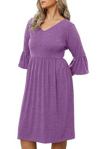 Image of Women's Plus Size 3 /4 Sleeve Casual Dress V Neck Spring Summer Tshirt Empire Waist Ruffle Midi Dresses