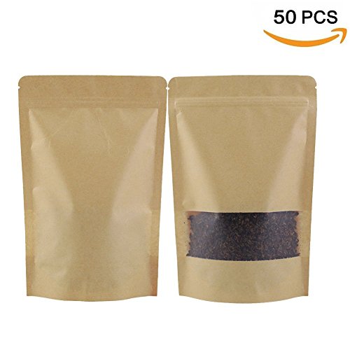 Tocone 50 pcs Bolsas de Papel kraft Bolsas de Pie Cajas para Caramelos Bolsa de Embalaje Apto para Tuercas, Hojas de Té, Galletas,Café (5.5x7.8in)