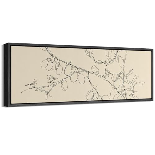 Image of MUDECOR Large Framed Canvas Print Wall Art Simple Line Art Birds on Branch Botanical Minimalist Antique Retro Ready to Hang Painting for Living Room Bedroom Multi-Sizes - 60 inchx20 inch