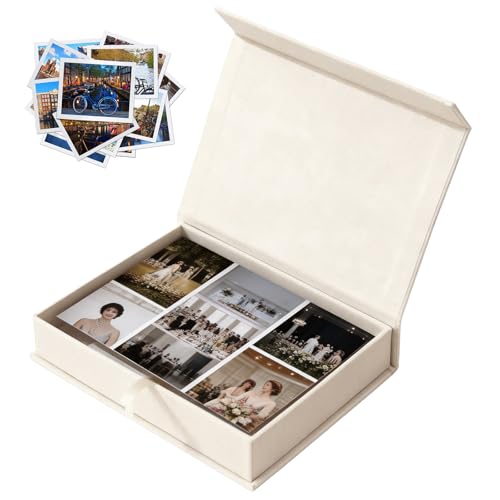 GOEDCH Caja de fotos de lino: 17,5 x 12 x 4 cm, caja de fotos de lino, cajas magnéticas para guardar fotos, imágenes, certificados, accesorios de scrapbooking, recuerdos y joyas, color beige