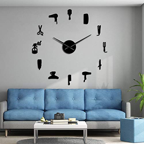 The Geeky Days Frameless DIY Barber Shop Giant Wall Clock with 3D Mirror Effect, Barber Equiment Tools Decorative Wall Clock Watch Barber Shop Business Sign Hairdresser Gifts(Black)