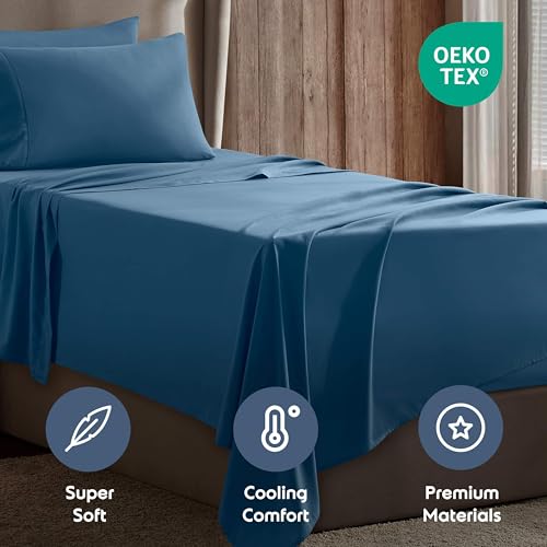 Image of Nestl Twin XL Bed Sheet Set - Blue Heaven - 3-Piece Deep Pocket | Instantly Soft, Night-One Ready (No Wash Required). Fits 16-Inch Deep Pockets, 360-Degree Elastic Grip