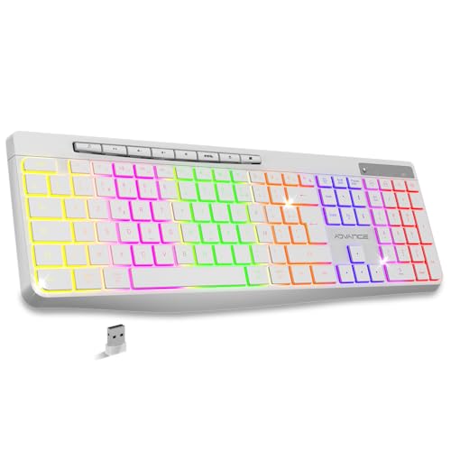 AD ADVANCE - R Type, Clavier sans Fil Silencieux Rechargeable, Touches Ergonomiques Lumineuses, Layout AZERTY Français, Autonomie Longue Durée, Connexion 2.4 Ghz, Compatible Windows, Mac, PC, Blanc