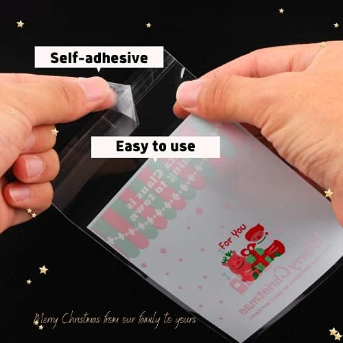 Crethink 200 Pcs Christmas Cookies Bags,Resealable Cellophane Bags,Self Adhesive Bag Printed With the Words "Merry Christmas" For Christmas Bakery Candy Cookies Chocolates Wrapping